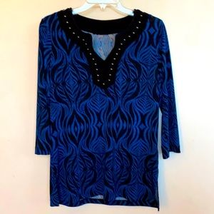 Dana Buchanan Women Blue/Black Patterned Tunic with Gold Metal Studs on V-Neck